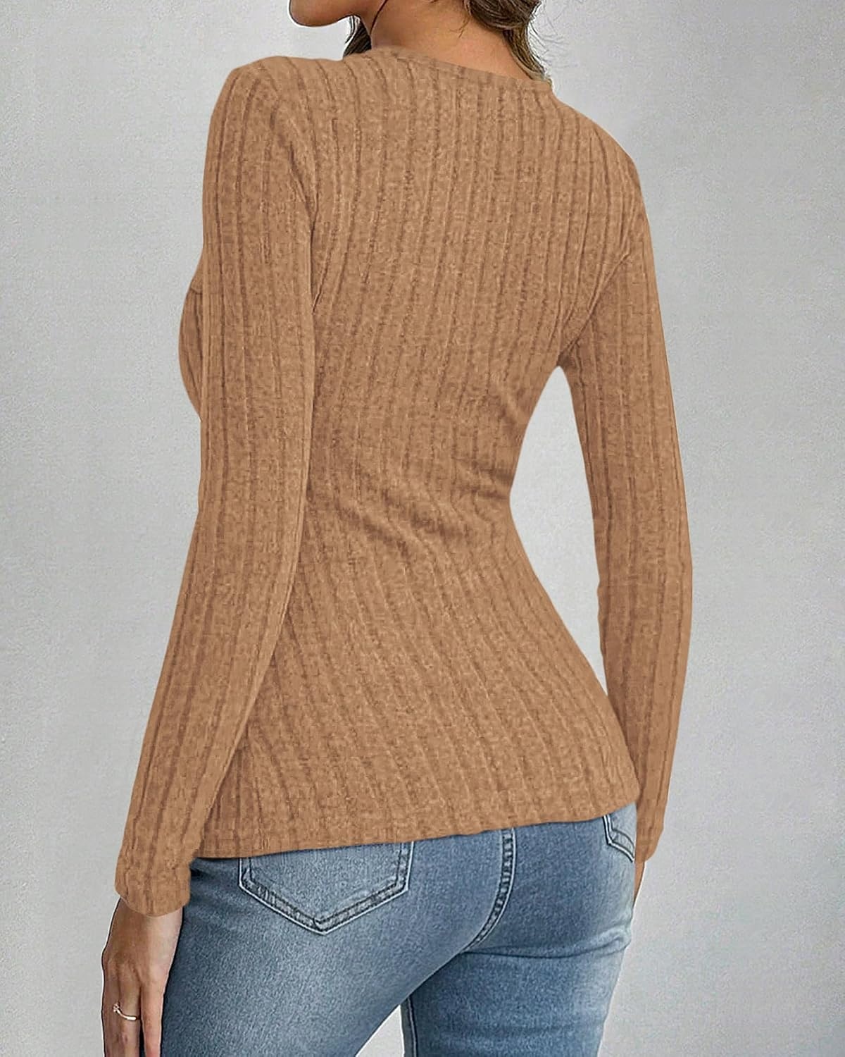 image:imageBTFBM Womens Long Sleeve Tops Sexy Wrap V Neck SweatersKhaki