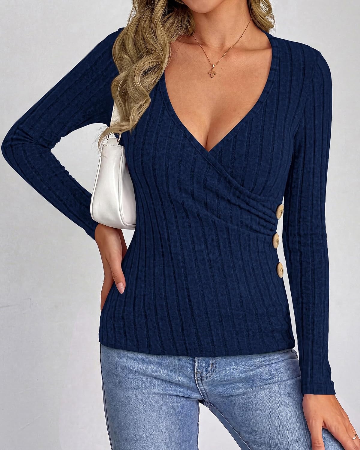 image:imageBTFBM Womens Long Sleeve Tops Sexy Wrap V Neck SweatersNavy Blue