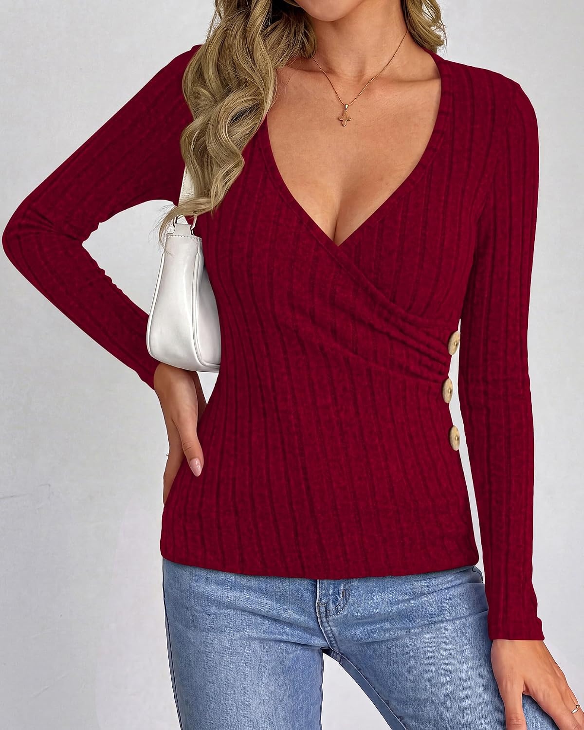 image:imageBTFBM Womens Long Sleeve Tops Sexy Wrap V Neck SweatersRed