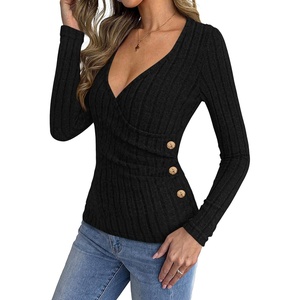 BTFBM Womens Long Sleeve Tops Sexy Wrap V Neck Sweaters(Black)