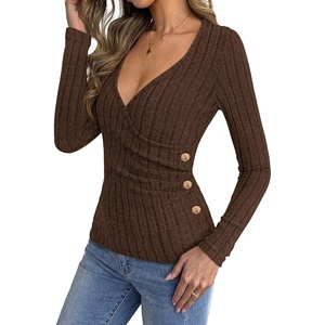 BTFBM Womens Long Sleeve Tops Sexy Wrap V Neck Sweaters(Brown)