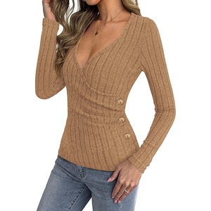 BTFBM Womens Long Sleeve Tops Sexy Wrap V Neck Sweaters(Khaki)