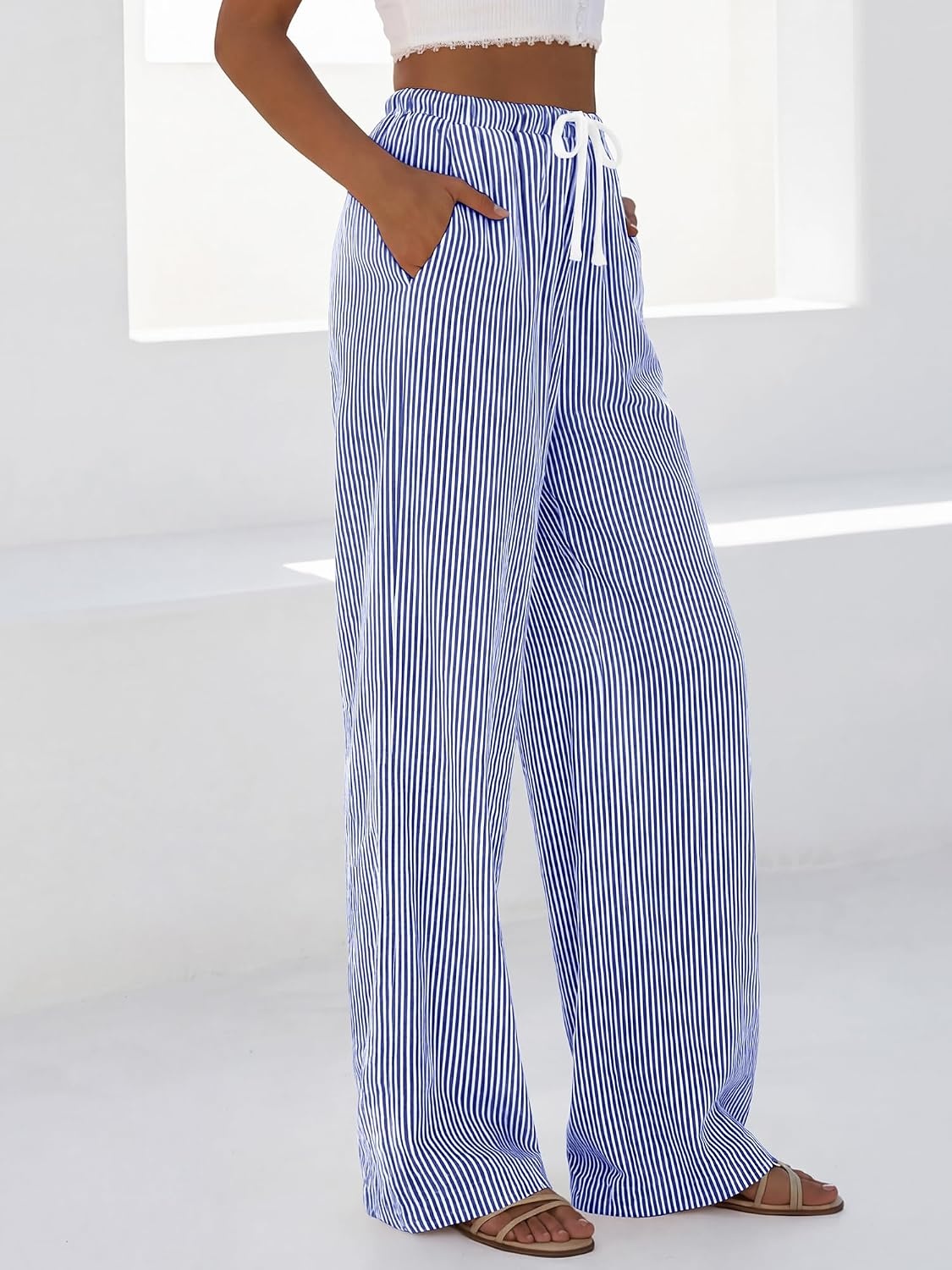 image:imageBTFBM Womens Pants Fall Striped Palazzo Pant Elastic Waist Wide Leg TrouserDark Blue