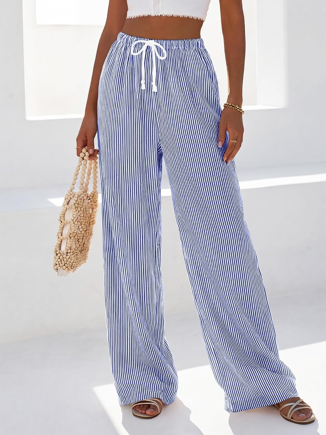 image:imageBTFBM Womens Pants Fall Striped Palazzo Pant Elastic Waist Wide Leg TrouserDark Blue
