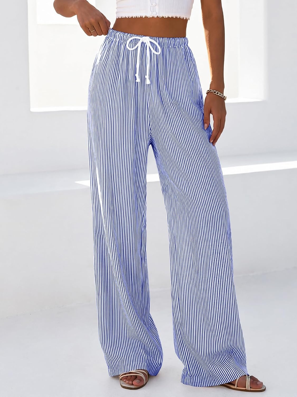 image:imageBTFBM Womens Pants Fall Striped Palazzo Pant Elastic Waist Wide Leg TrouserDark Blue