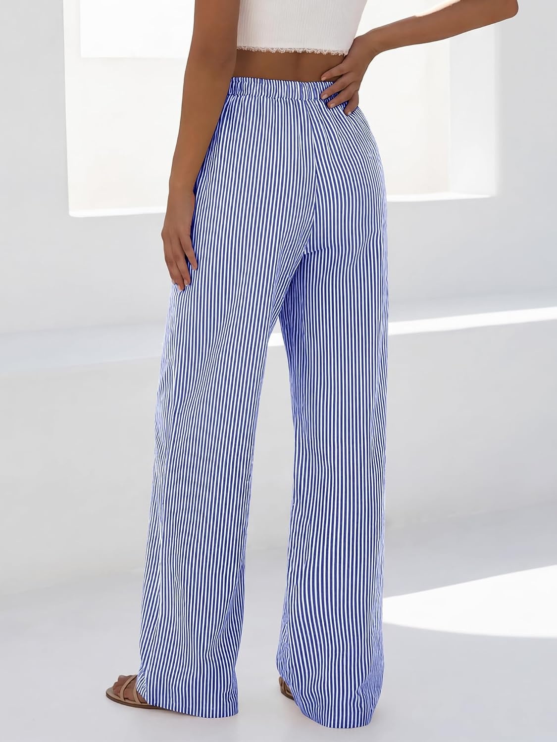 image:imageBTFBM Womens Pants Fall Striped Palazzo Pant Elastic Waist Wide Leg TrouserDark Blue