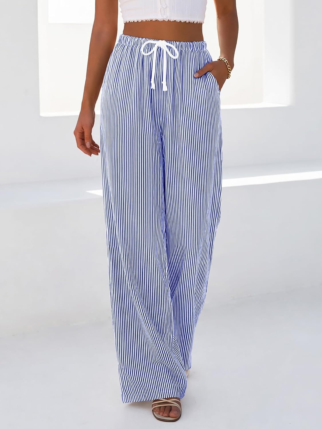 image:imageBTFBM Womens Pants Fall Striped Palazzo Pant Elastic Waist Wide Leg TrouserDark Blue