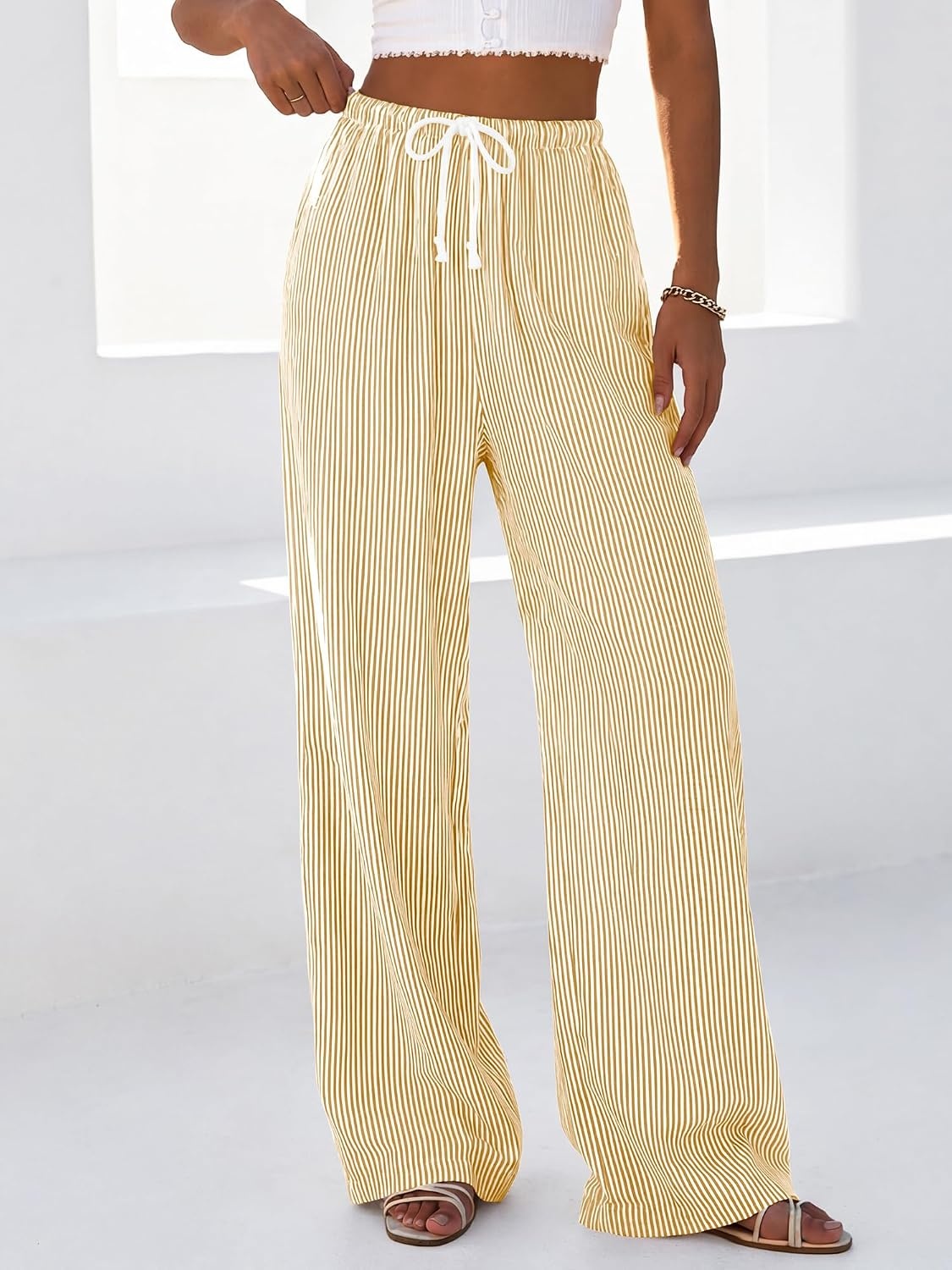 image:imageBTFBM Womens Pants Fall Striped Palazzo Pant Elastic Waist Wide Leg TrouserYellow
