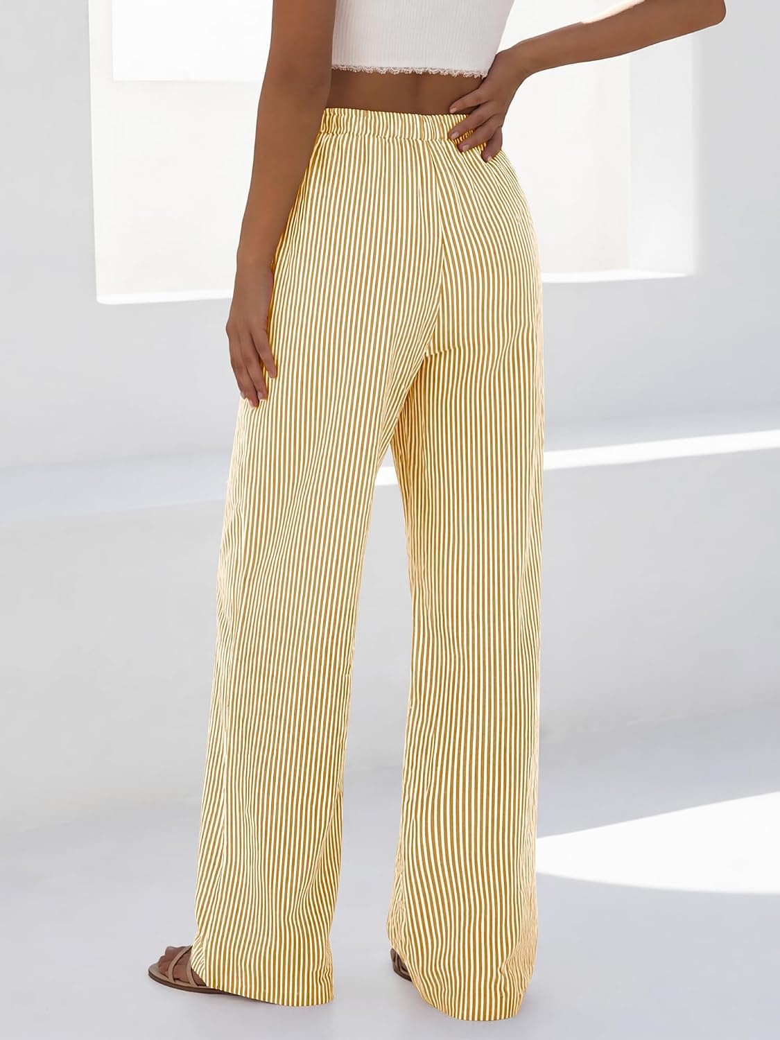 image:imageBTFBM Womens Pants Fall Striped Palazzo Pant Elastic Waist Wide Leg TrouserYellow