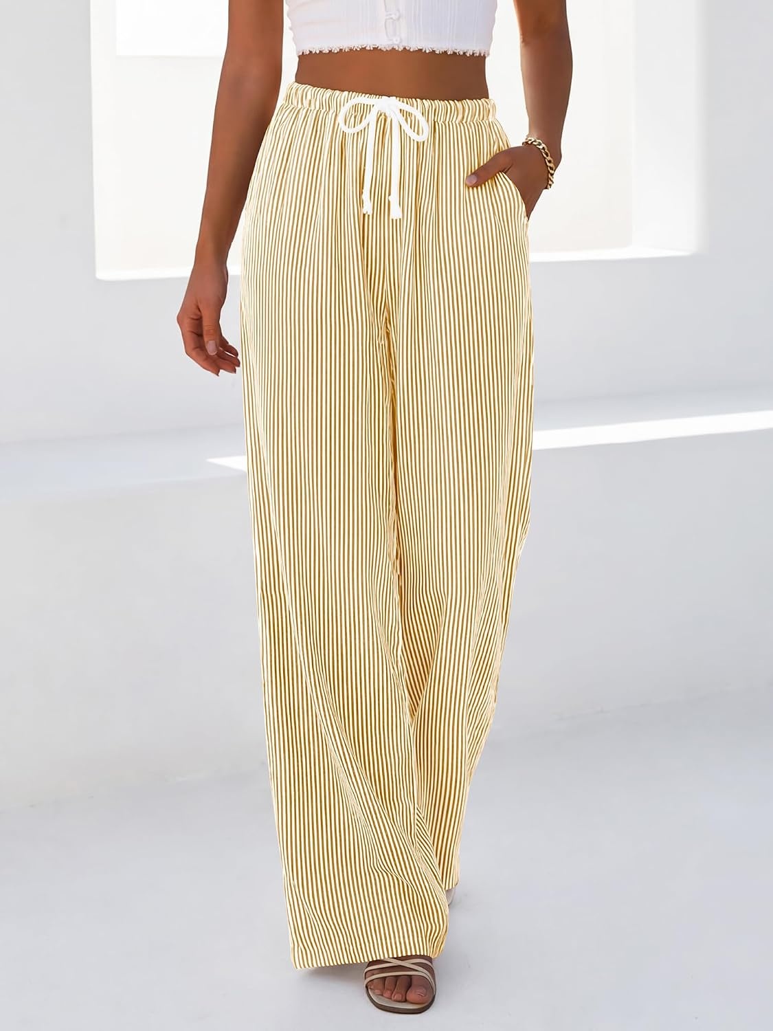 image:imageBTFBM Womens Pants Fall Striped Palazzo Pant Elastic Waist Wide Leg TrouserYellow