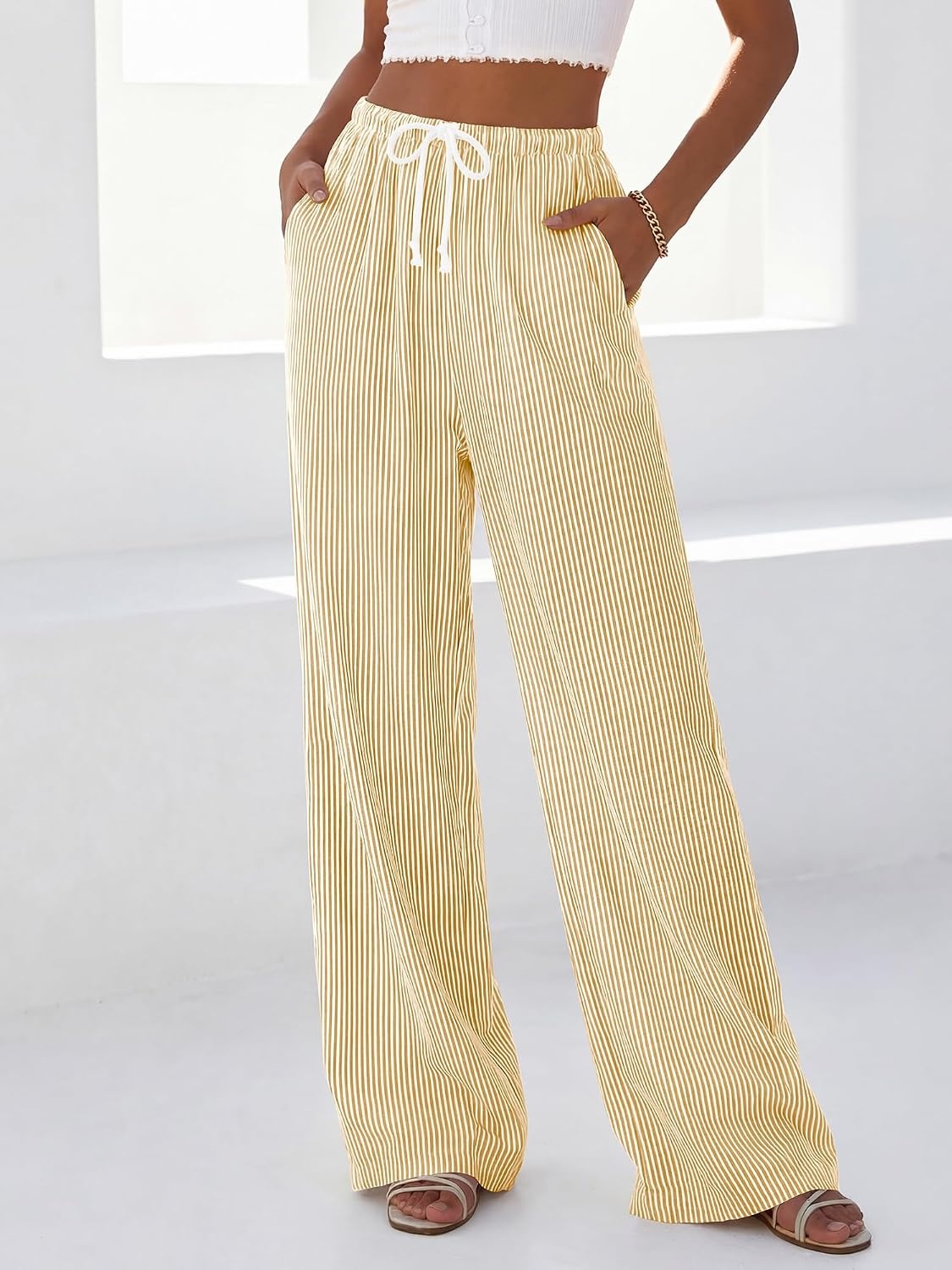 image:imageBTFBM Womens Pants Fall Striped Palazzo Pant Elastic Waist Wide Leg TrouserYellow