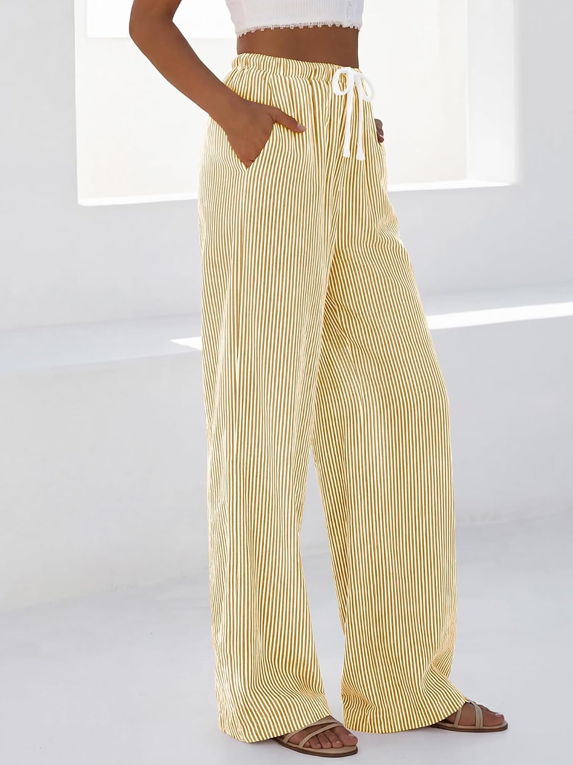 image:imageBTFBM Womens Pants Fall Striped Palazzo Pant Elastic Waist Wide Leg TrouserYellow