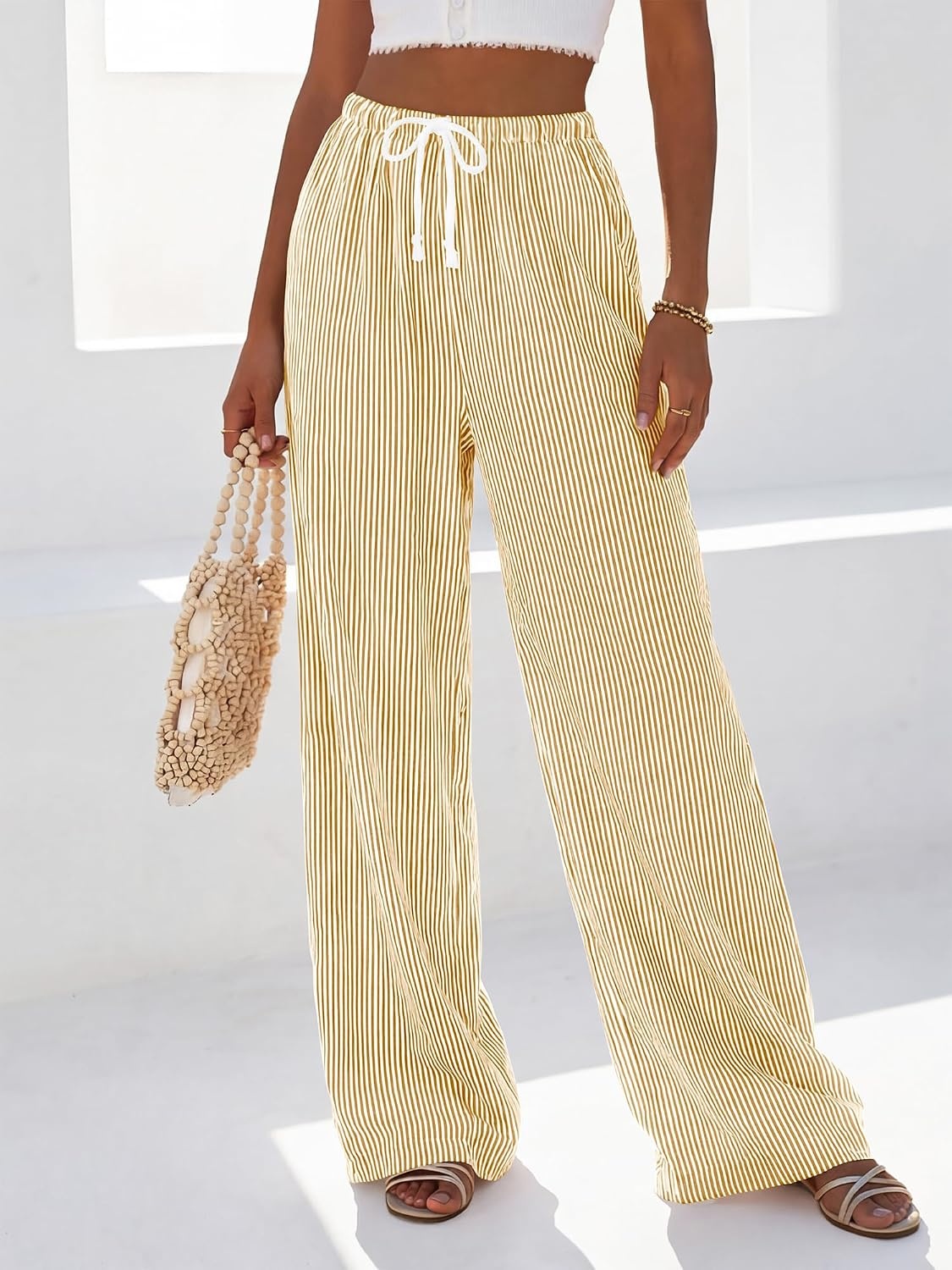 image:imageBTFBM Womens Pants Fall Striped Palazzo Pant Elastic Waist Wide Leg TrouserYellow