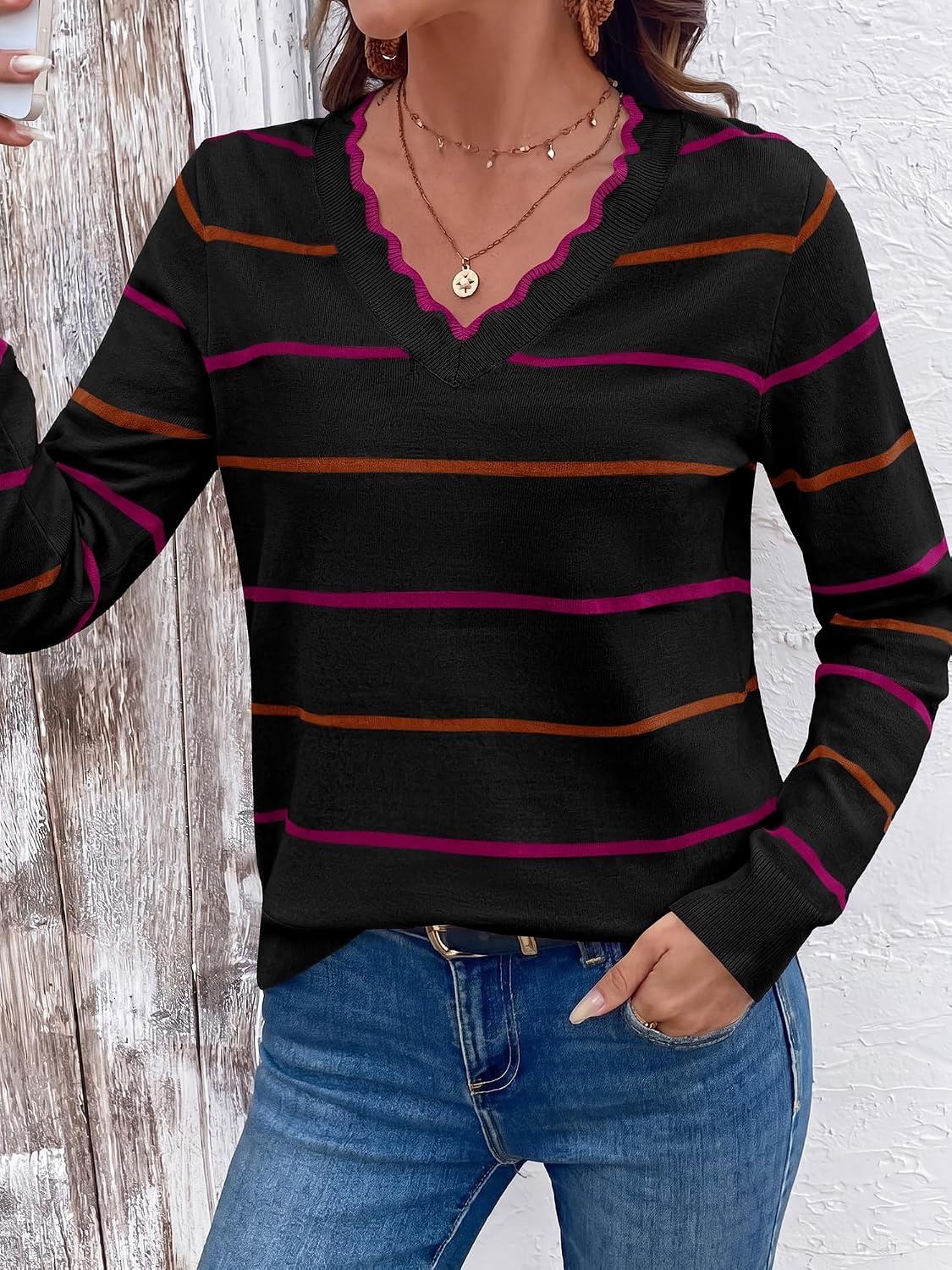 image:imageBTFBM Womens Sweaters Striped Pullover TopsBlack