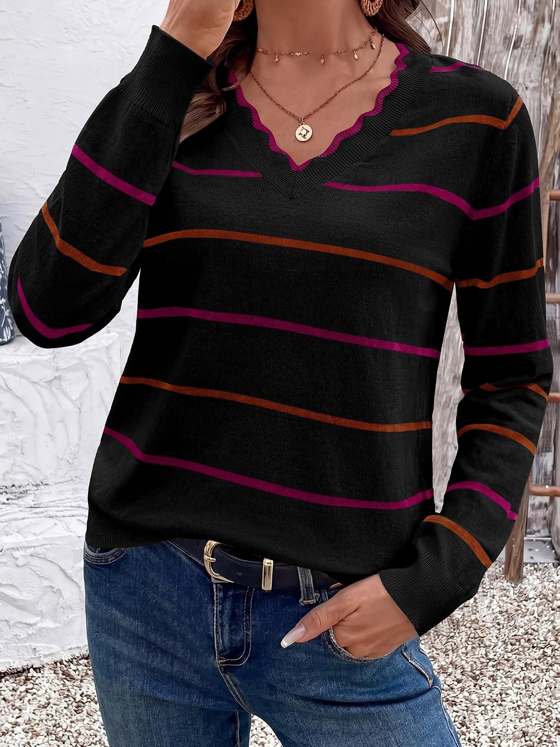 image:imageBTFBM Womens Sweaters Striped Pullover TopsBlack