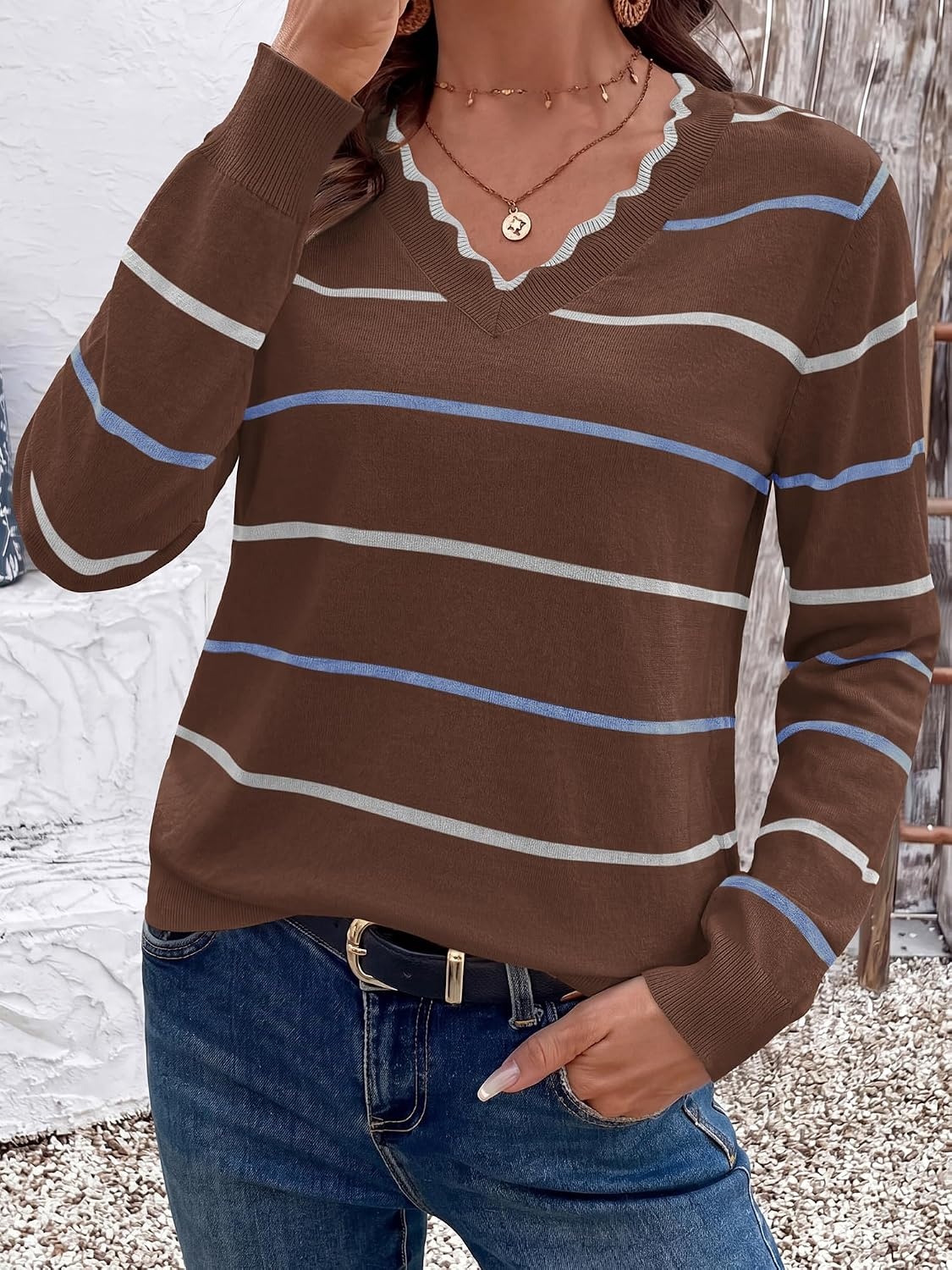 image:imageBTFBM Womens Sweaters Striped Pullover TopsBrown