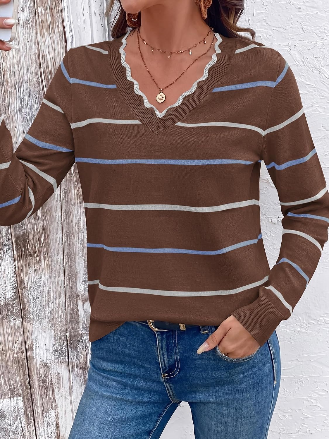 image:imageBTFBM Womens Sweaters Striped Pullover TopsBrown