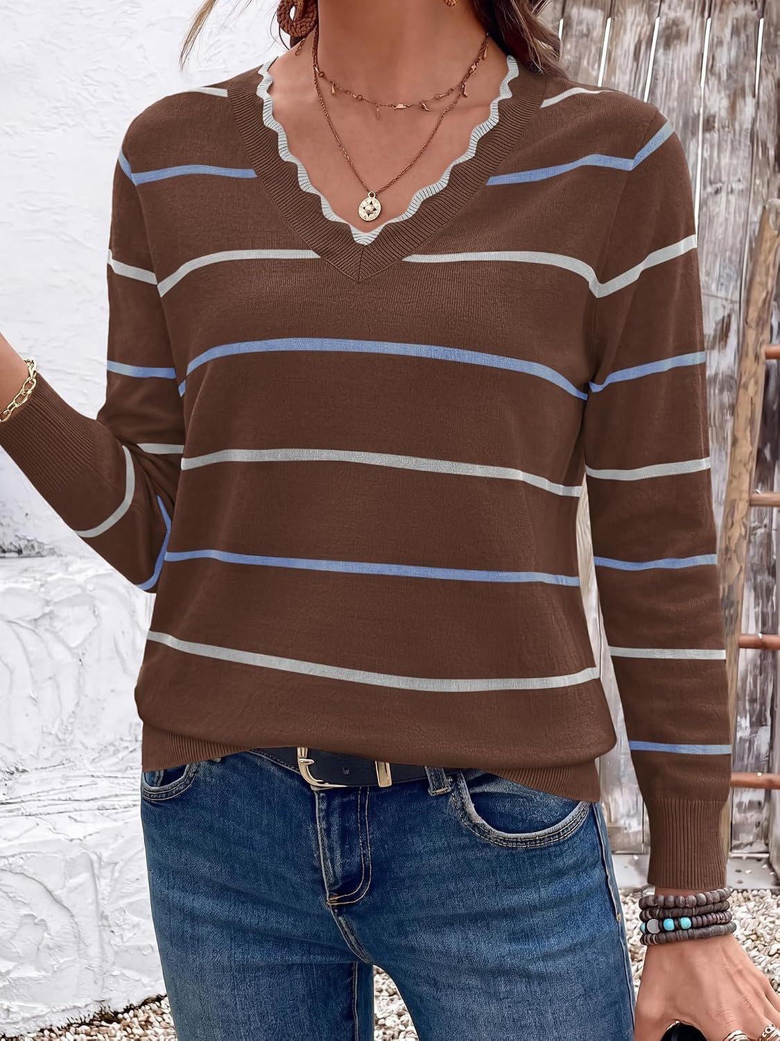 image:imageBTFBM Womens Sweaters Striped Pullover TopsBrown
