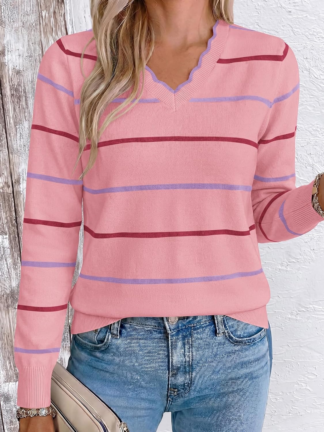image:imageBTFBM Womens Sweaters Striped Pullover TopsPink