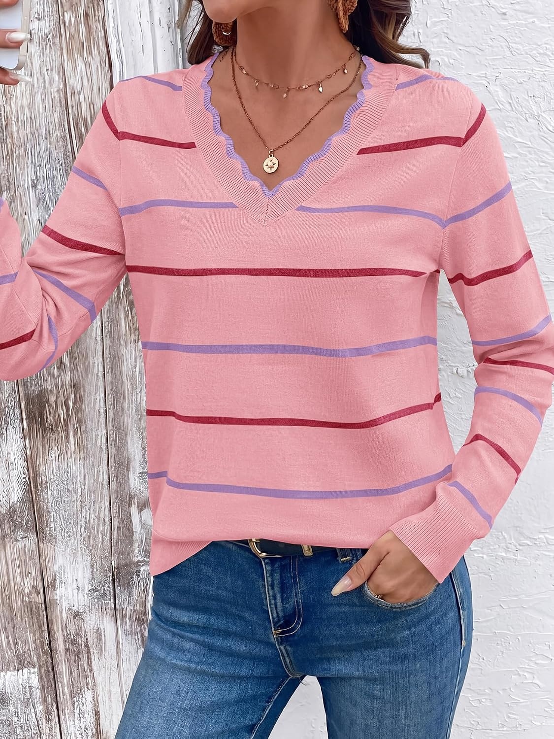 image:imageBTFBM Womens Sweaters Striped Pullover TopsPink