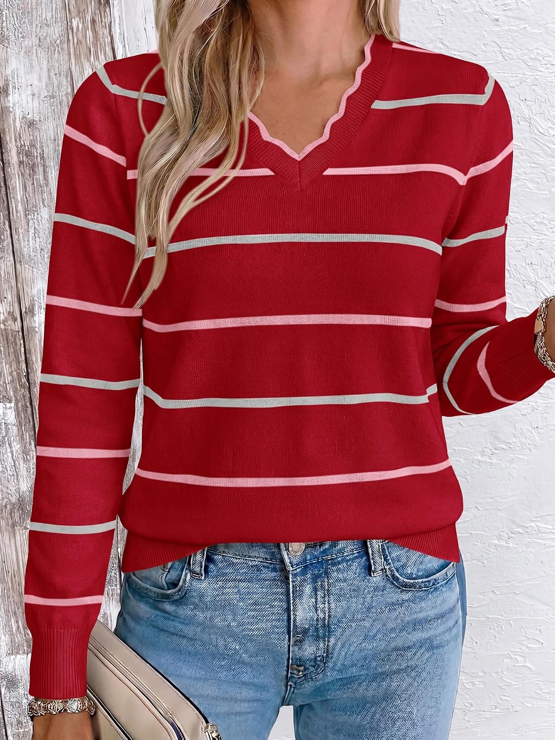image:imageBTFBM Womens Sweaters Striped Pullover TopsRed