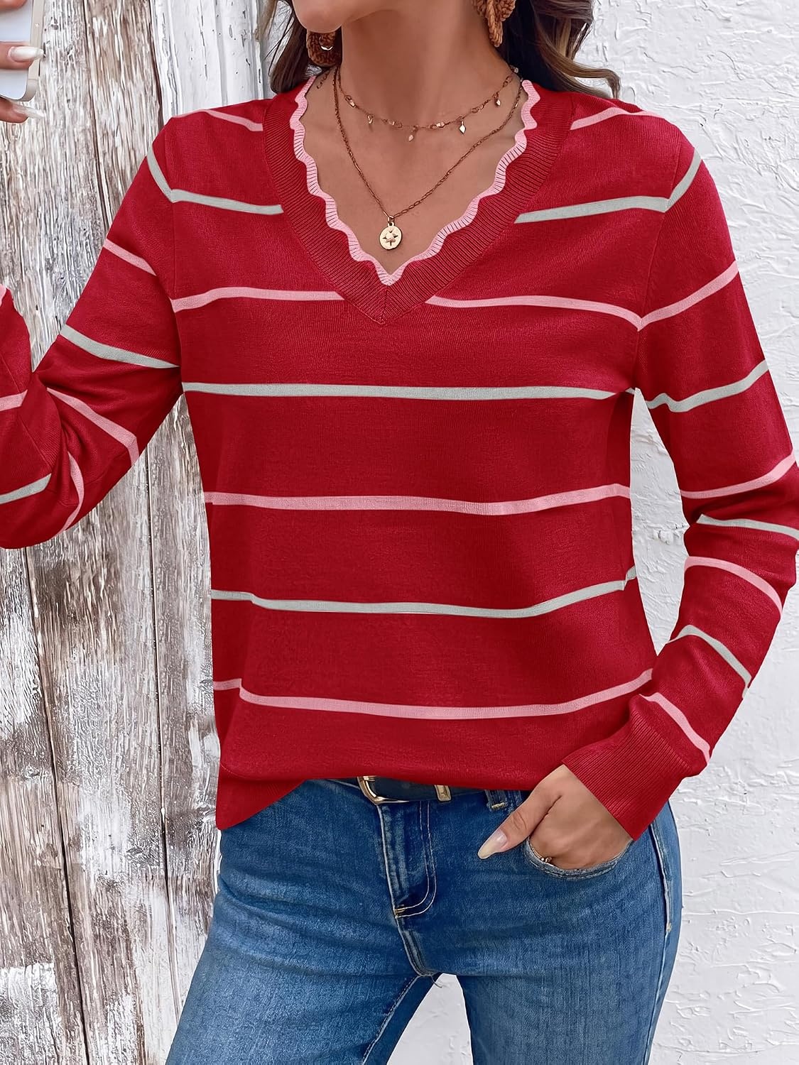 image:imageBTFBM Womens Sweaters Striped Pullover TopsRed