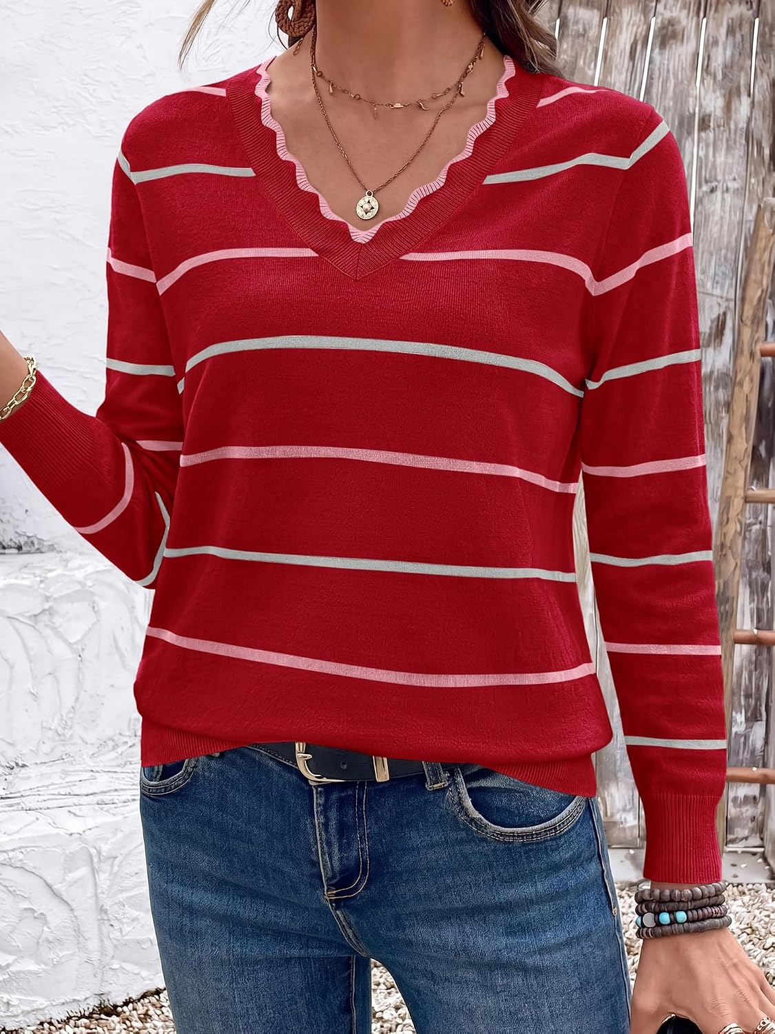 image:imageBTFBM Womens Sweaters Striped Pullover TopsRed