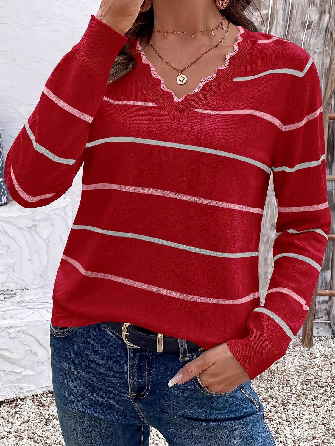 image:imageBTFBM Womens Sweaters Striped Pullover TopsRed