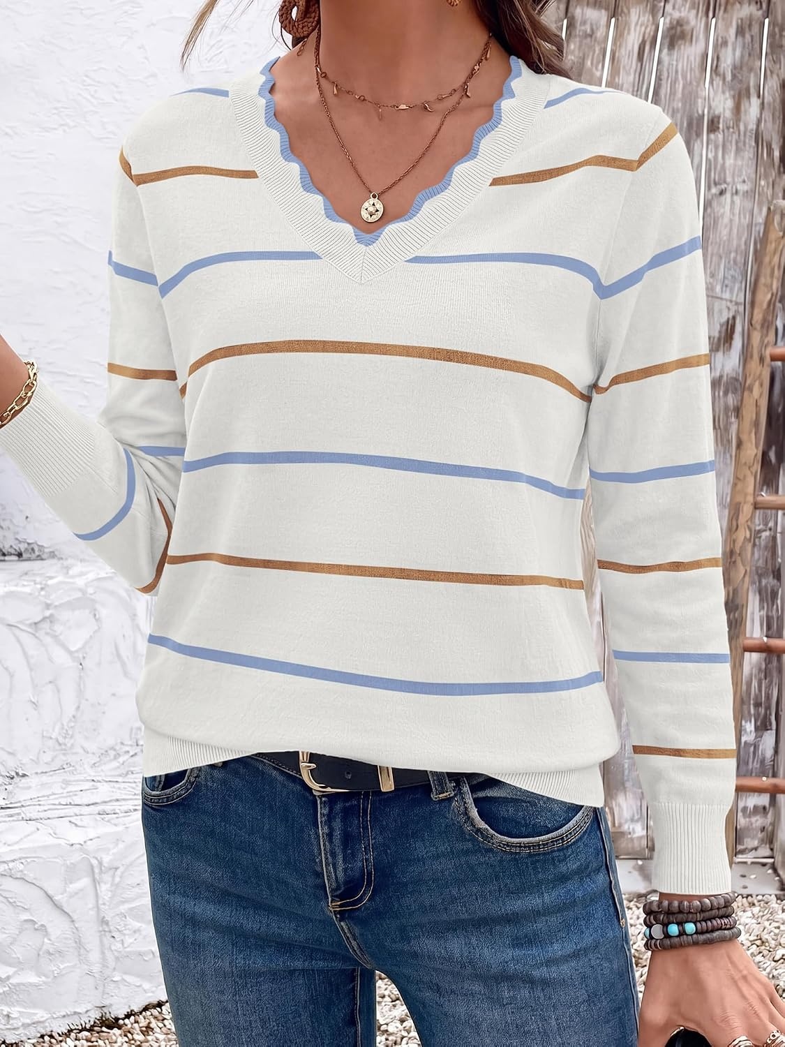 image:imageBTFBM Womens Sweaters Striped Pullover TopsWhite