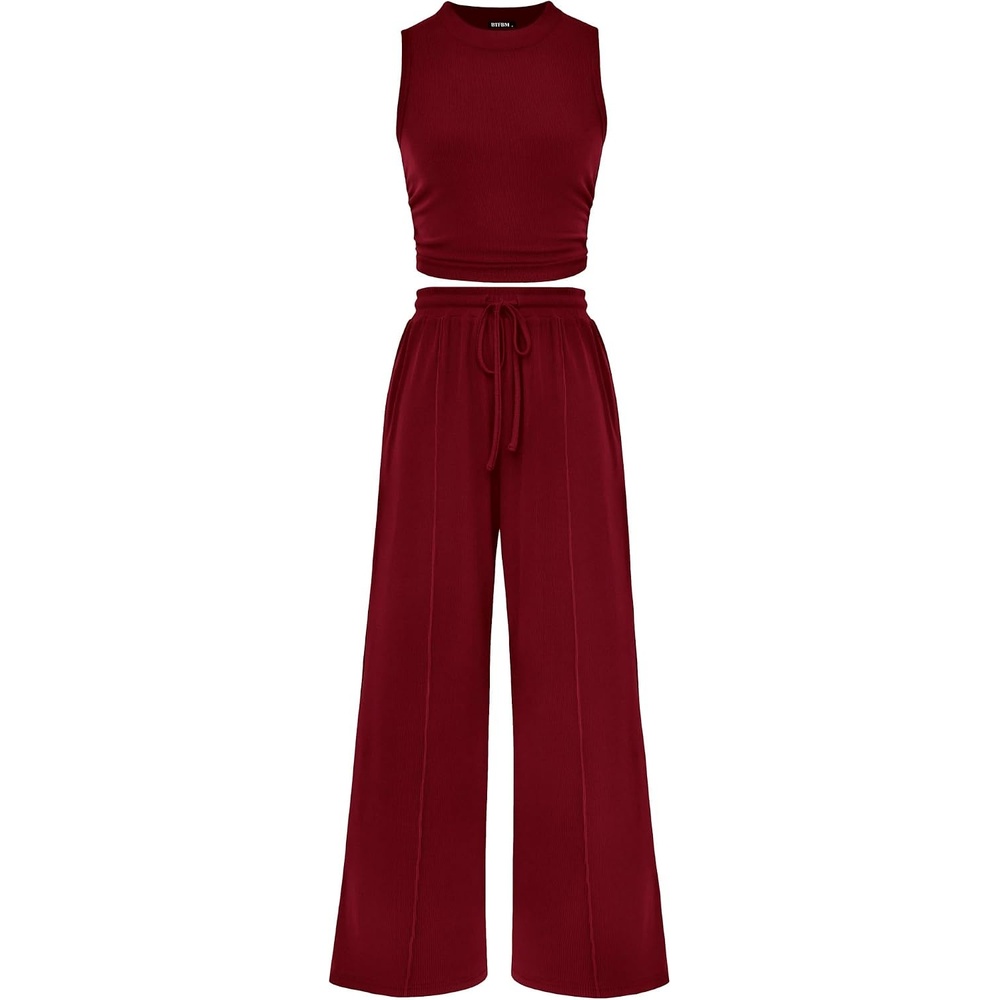 image:imageBTFBM 2 Piece Outfits For Women Airport Travel OutfitWine Red