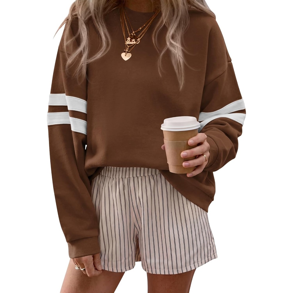 image:imageBTFBM Varsity Striped Sweatshirt Womens Long Sleeve TopsBrown