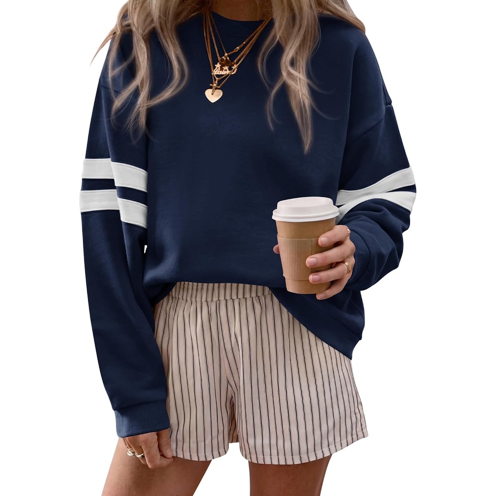 image:imageBTFBM Varsity Striped Sweatshirt Womens Long Sleeve TopsNavy Blue