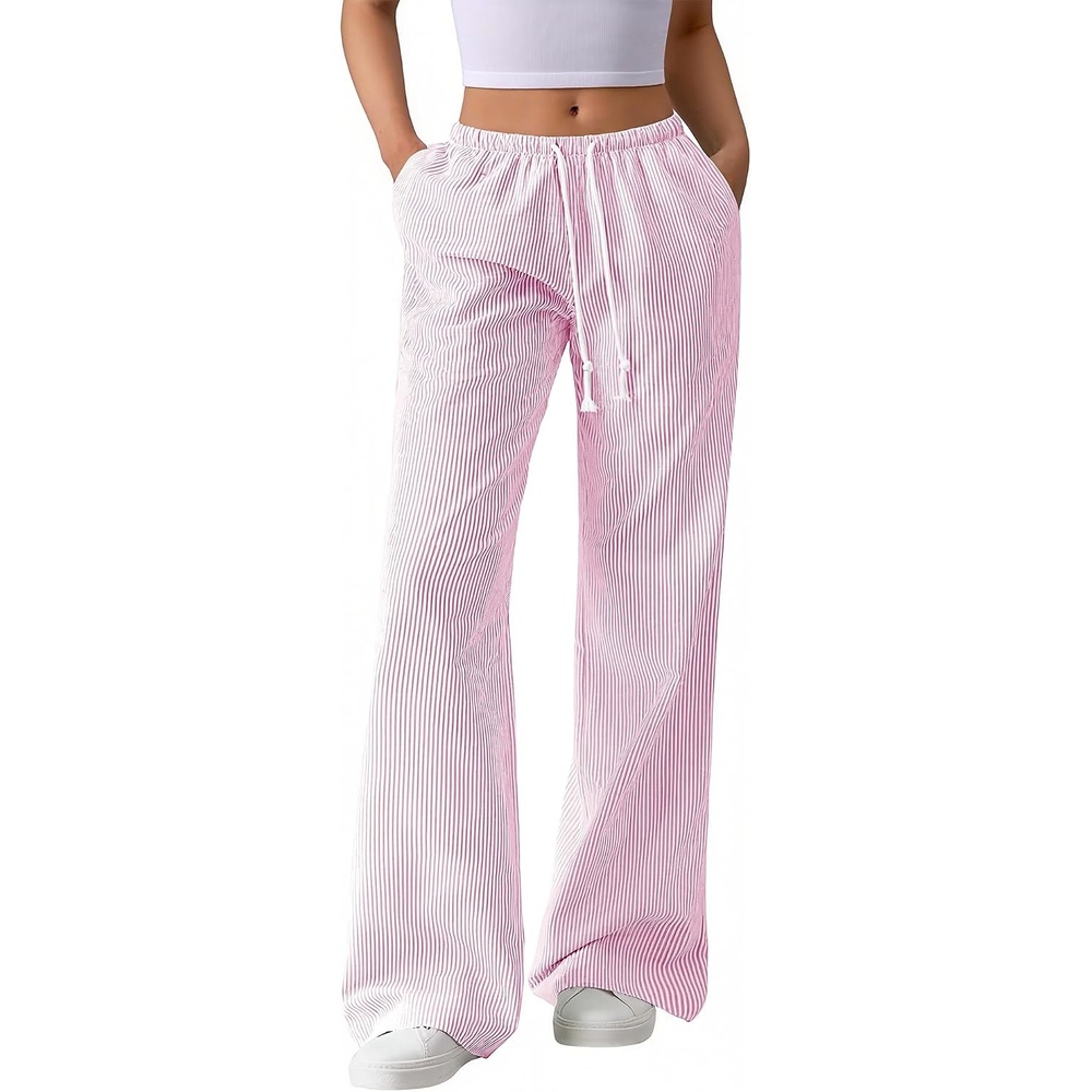 image:imageBTFBM Womens Pants Fall Striped Palazzo Pant Elastic Waist Wide Leg TrouserLight Pink
