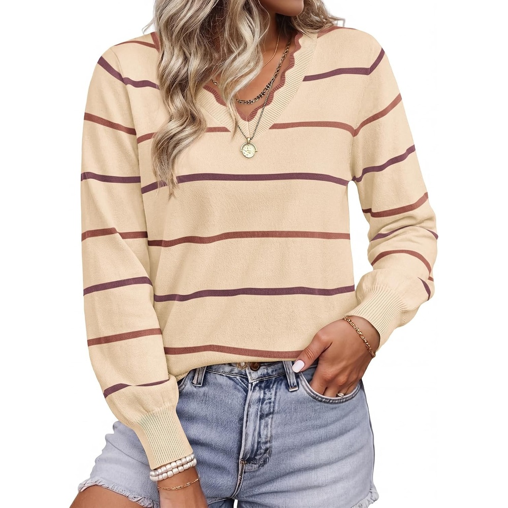 image:imageBTFBM Womens Sweaters Striped Pullover TopsApricot