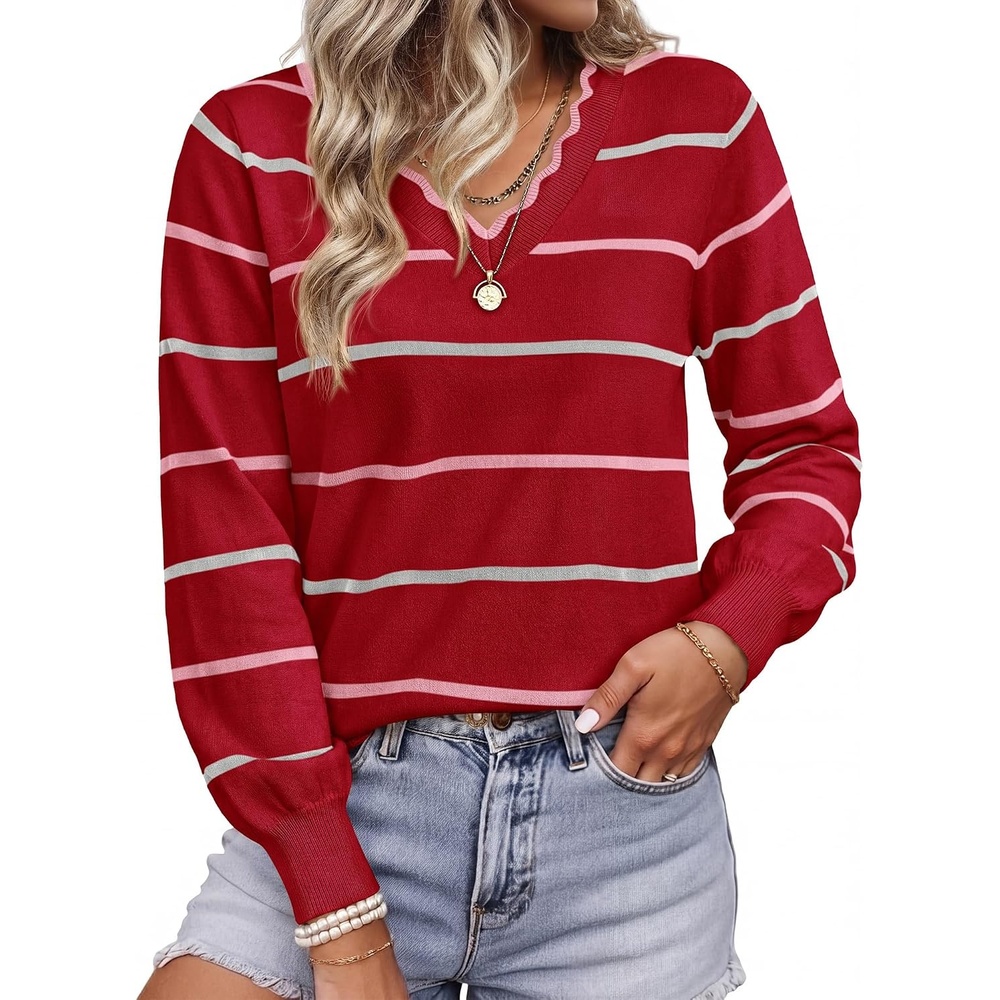 image:imageBTFBM Womens Sweaters Striped Pullover TopsRed