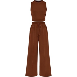 BTFBM 2 Piece Outfits For Women Airport Travel Outfit(Brown)