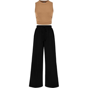 BTFBM 2 Piece Outfits For Women Airport Travel Outfit(Camel Black)