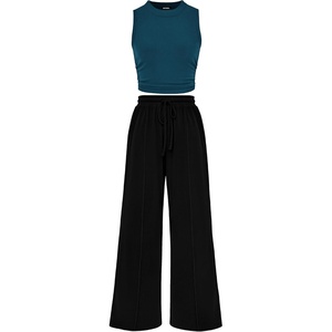 BTFBM 2 Piece Outfits For Women Airport Travel Outfit(Lake Blue Black)