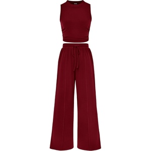 BTFBM 2 Piece Outfits For Women Airport Travel Outfit(Wine Red)