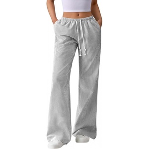 BTFBM Womens Pants Fall Striped Palazzo Pant Elastic Waist Wide Leg Trouser(Black)
