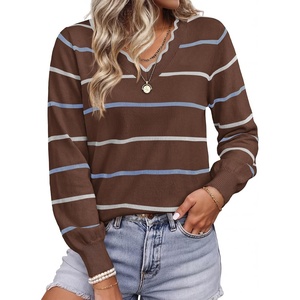 BTFBM Womens Sweaters Striped Pullover Tops(Brown)