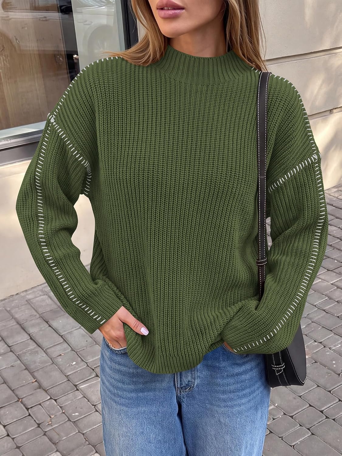 image:imageBTFBM Womens Oversized Sweaters Contrast Chunky Knit SweaterArmy Green