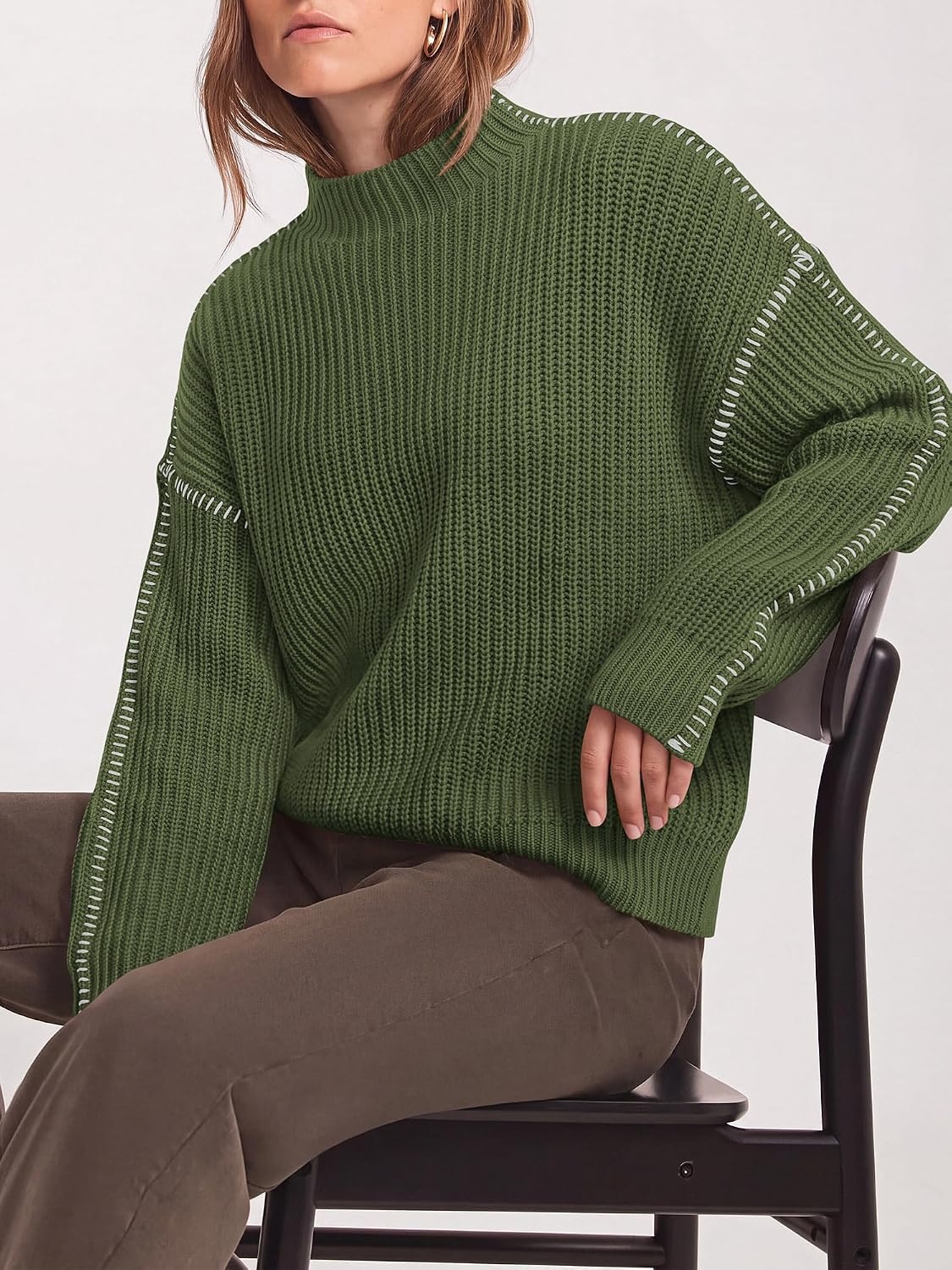 image:imageBTFBM Womens Oversized Sweaters Contrast Chunky Knit SweaterArmy Green