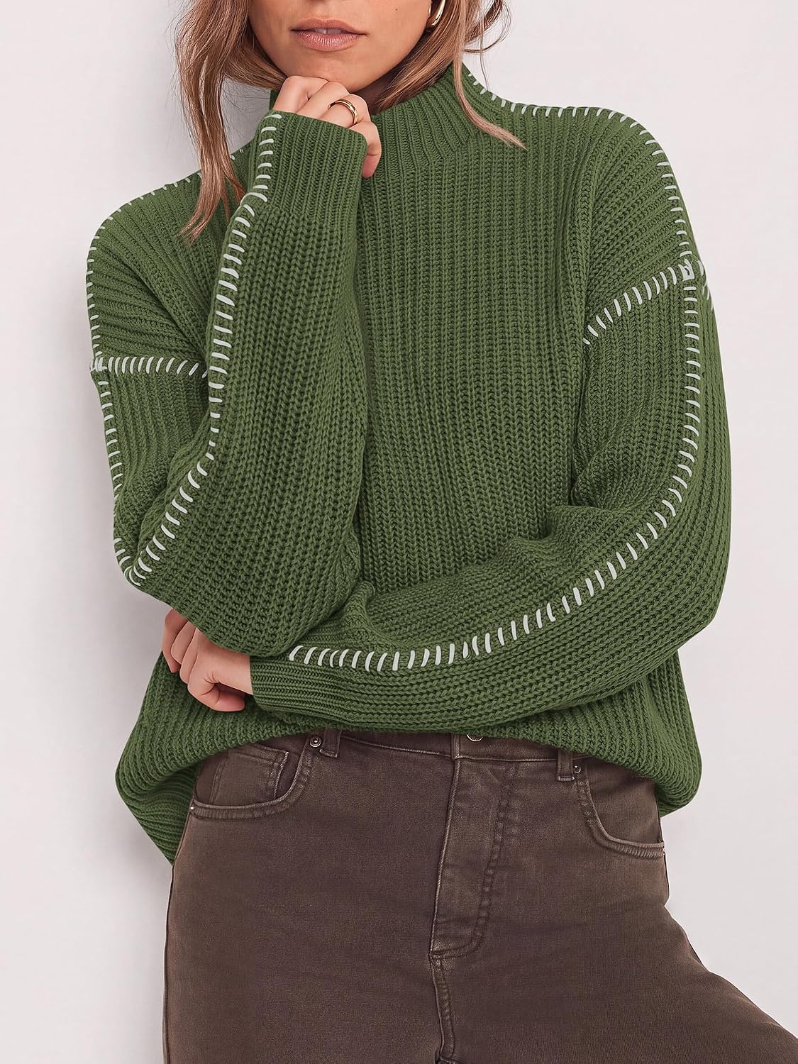 image:imageBTFBM Womens Oversized Sweaters Contrast Chunky Knit SweaterArmy Green