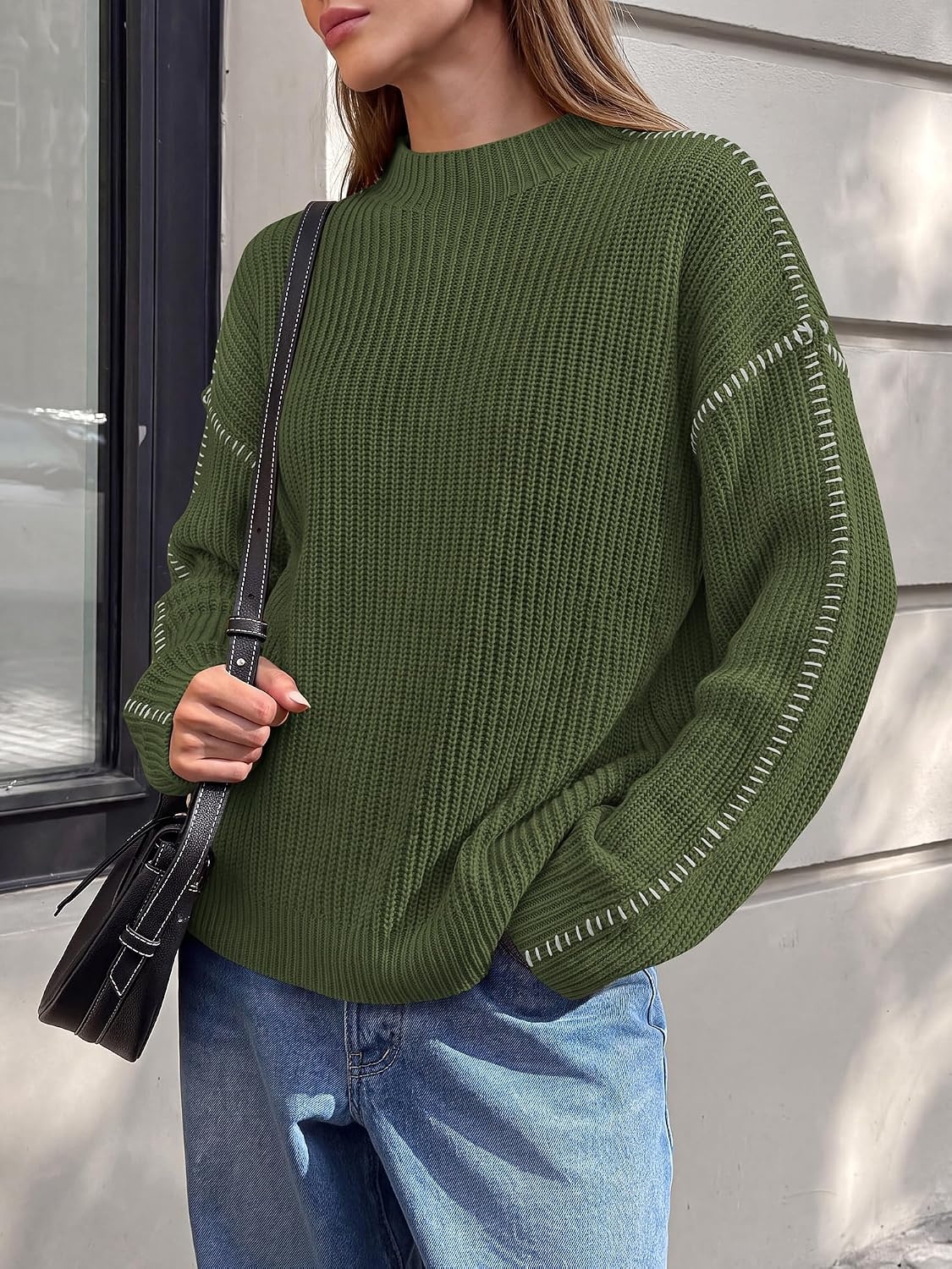 image:imageBTFBM Womens Oversized Sweaters Contrast Chunky Knit SweaterArmy Green