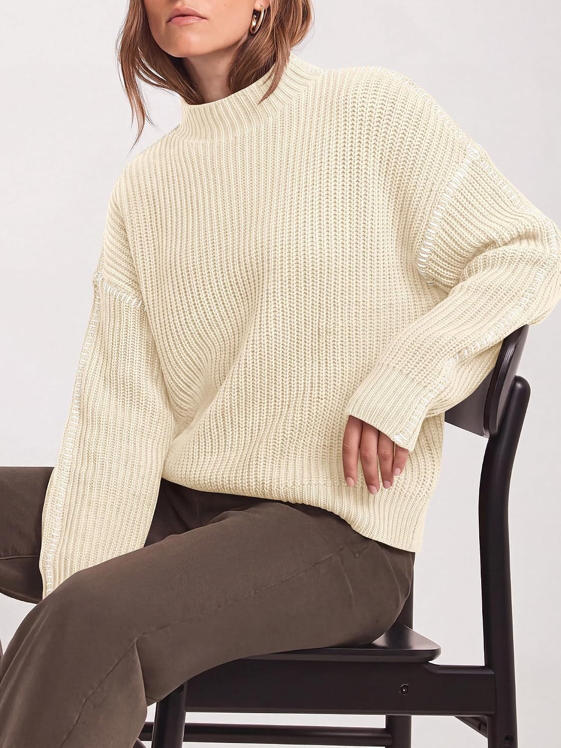 image:imageBTFBM Womens Oversized Sweaters Contrast Chunky Knit SweaterBeige