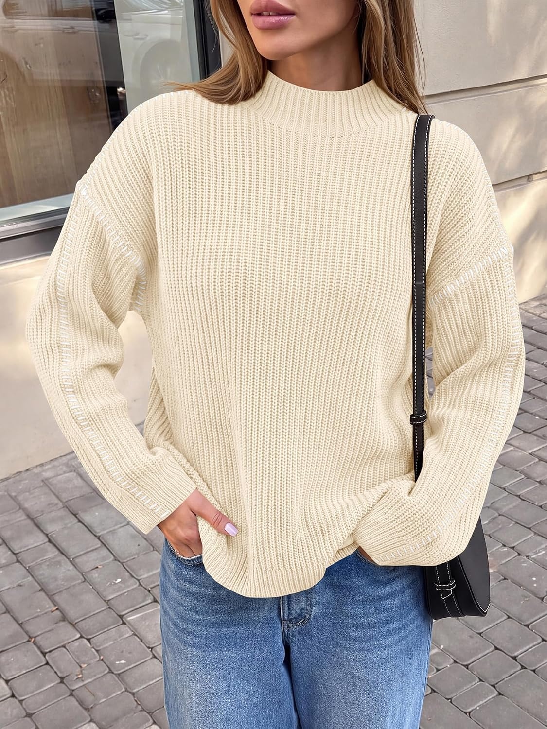 image:imageBTFBM Womens Oversized Sweaters Contrast Chunky Knit SweaterBeige