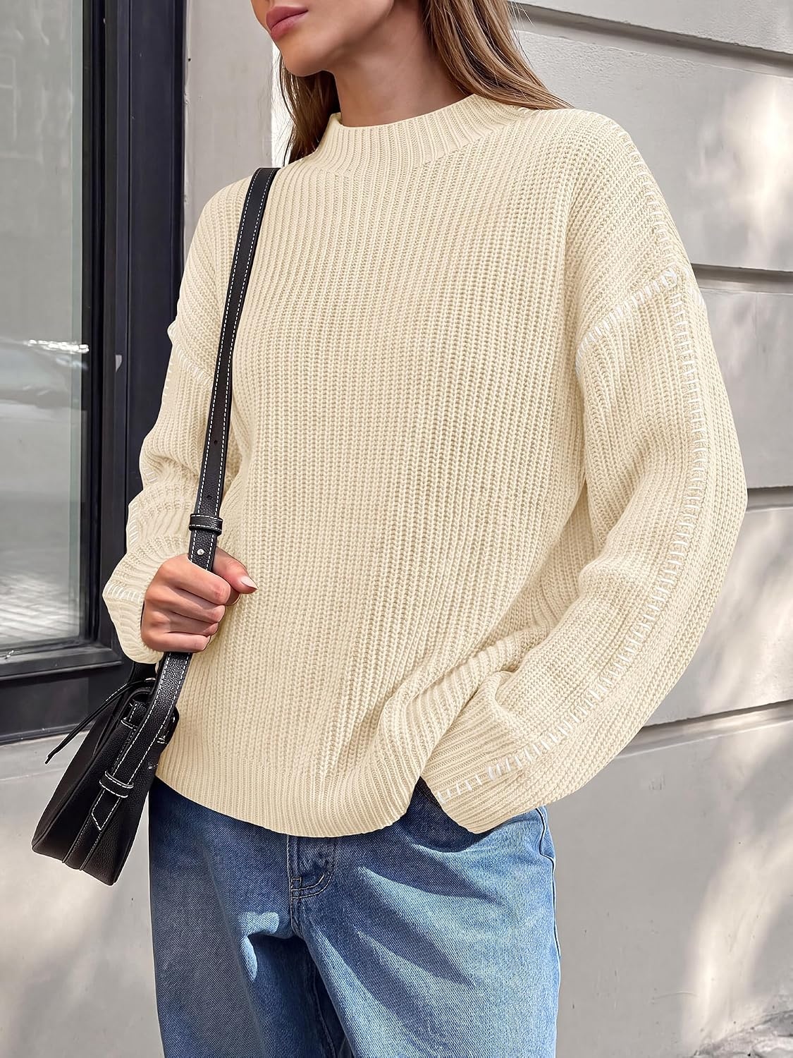 image:imageBTFBM Womens Oversized Sweaters Contrast Chunky Knit SweaterBeige