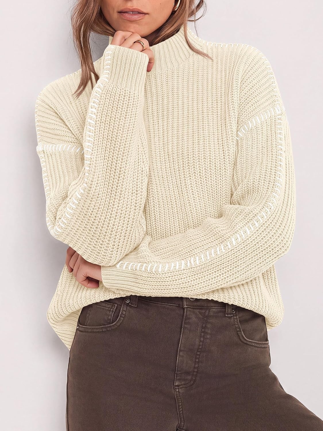 image:imageBTFBM Womens Oversized Sweaters Contrast Chunky Knit SweaterBeige