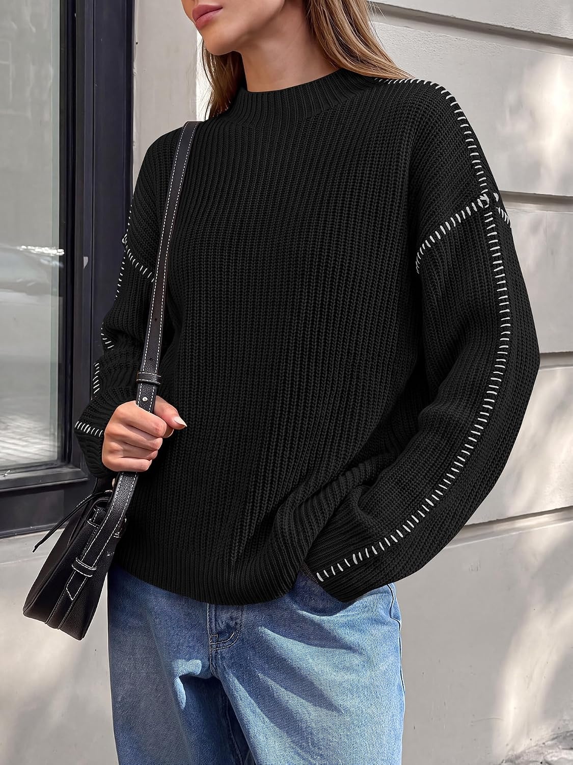 image:imageBTFBM Womens Oversized Sweaters Contrast Chunky Knit SweaterBlack